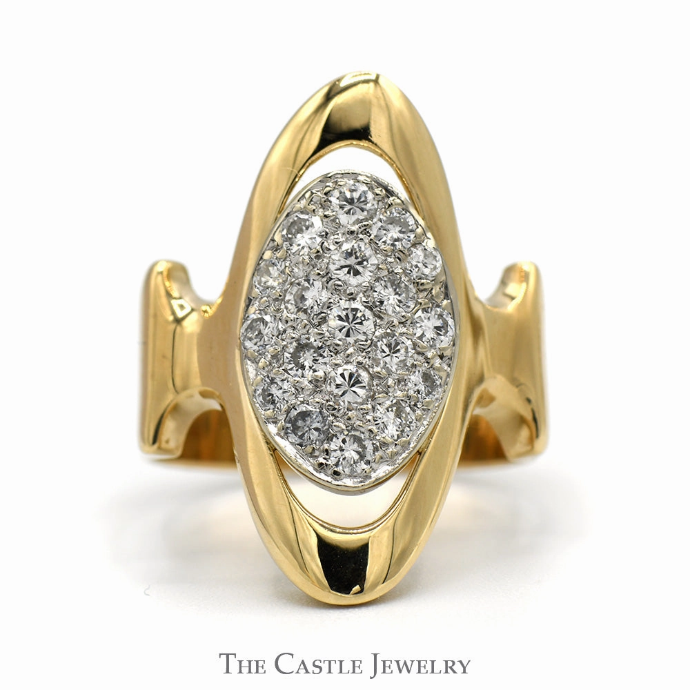 Fashion Revolution Oval Shaped 1/2cttw Diamond Cluster Open Shield Ring in Polished 14k Yellow Gold