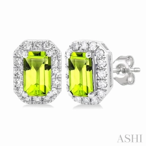 5x3 MM Octagonal Shape Peridot and 1/8 Ctw Single Cut Diamond Halo Semi-Precious Stud Earrings in 10K White Gold Luxe Appeal