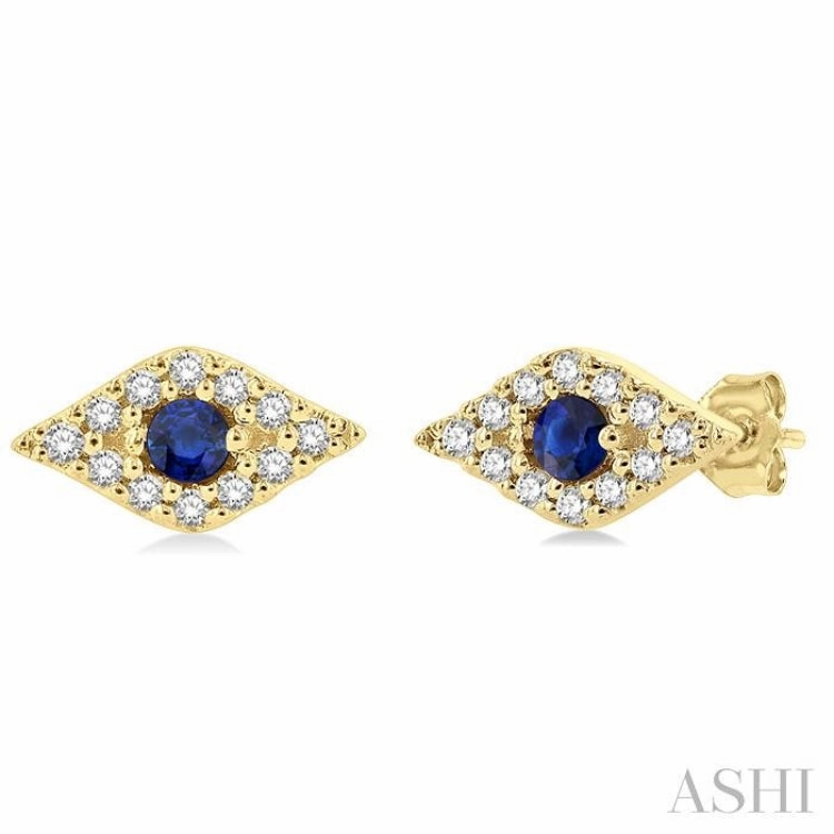 Premium Edge 2.0 MM Round Cut Sapphire and 1/10 Ctw Evil Eye Round Cut Diamond Precious Petite Fashion Earring in 14K Yellow Gold