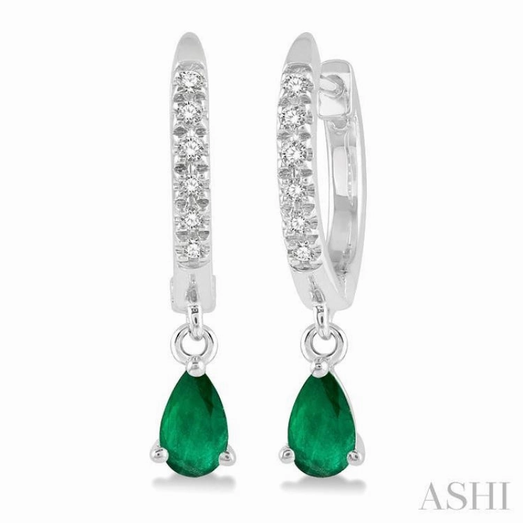 Boho Accent Precious Gifts 5x3 MM Pear Cut Emerald and 1/8 Ctw Round Cut Diamond Petite Fashion Huggie Earrings in 10K White Gold