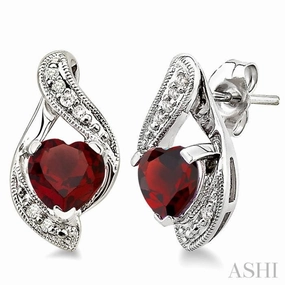 Gift Season Timeless Gem 6x6 MM Heart Shape Garnet and 1/20 Ctw Single Cut Diamond Semi-Precious Earrings in 14K White Gold