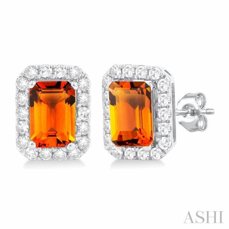 6x4 MM Octagonal Shape Citrine and 1/4 Ctw Round Cut Diamond Halo Semi-Precious Stud Earrings in 14K White Gold Exquisite Style Iconic Feature