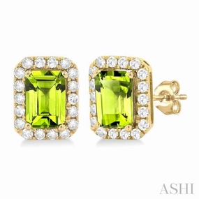 6x4 MM Octagonal Shape Peridot and 1/4 Ctw Round Cut Diamond Halo Semi-Precious Stud Earrings in 10K Yellow Gold Glow Up Look Sophisticated Shape