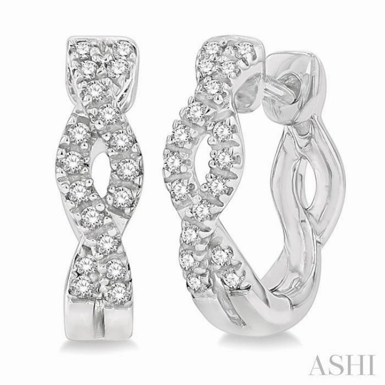 Evening Feature 1/6 Ctw Entwined Round Cut Diamond Huggie Petite Earrings in 14K White Gold