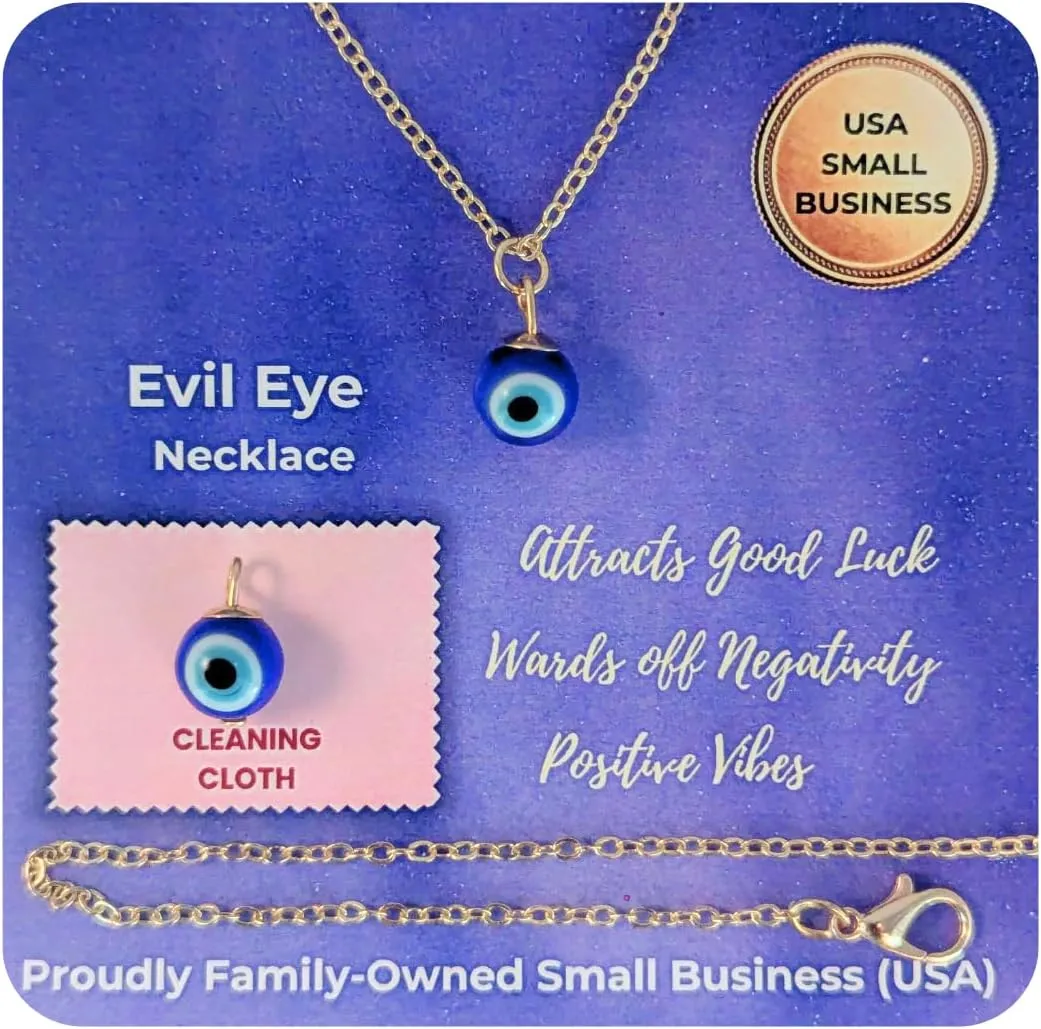 Evil Eye Necklace for Women – Ojo Turco Kabbalah Amulet Pendant for Protection and Luck, Adjustable Gold or Silver Chain, US-Based Seller with Free Cleaning Cloth