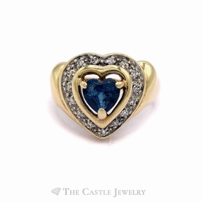 Pure Form Heart Shaped Blue Topaz Ring with Heart Shaped Diamond Halo in 14KT Yellow Gold