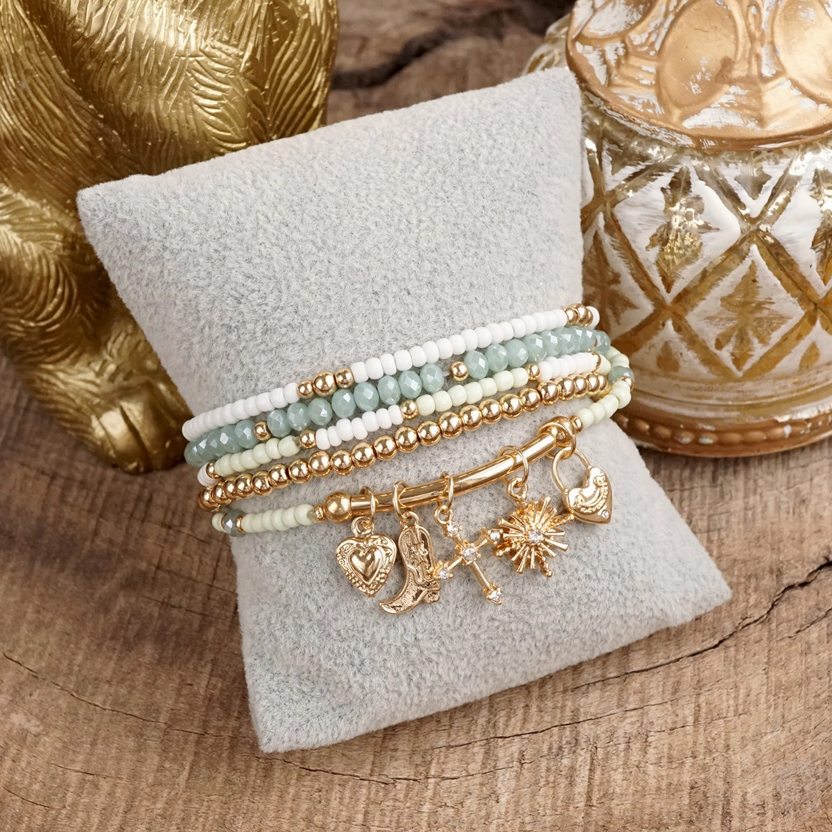 Original Idea Charmed Whimsy ?C Set of 5 Mint & White Beaded Bracelets with Golden Charm Bar
