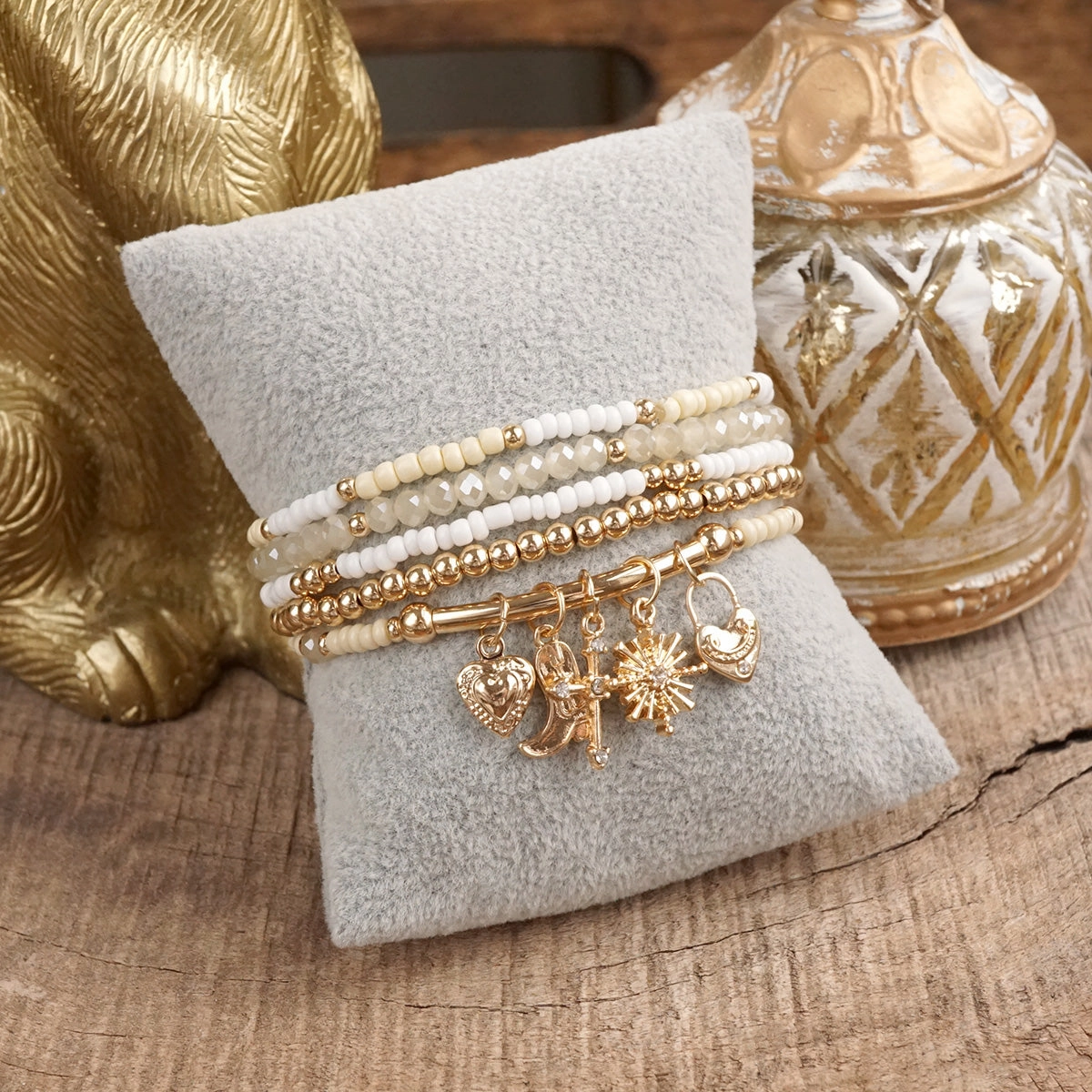 Charmed Whimsy ?C Set of 5 Mint & White Beaded Bracelets with Golden Charm Bar Influencer Pick
