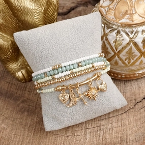 Original Idea Charmed Whimsy ?C Set of 5 Mint & White Beaded Bracelets with Golden Charm Bar