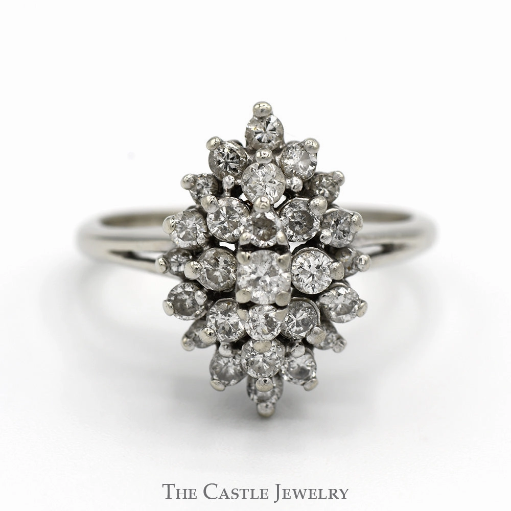 3/4cttw Marquise Shaped Round Diamond Cluster Ring with Split Shank Sides in 14k White Gold Bridal Jewelry