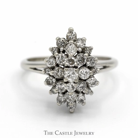 3/4cttw Marquise Shaped Round Diamond Cluster Ring with Split Shank Sides in 14k White Gold Bridal Jewelry