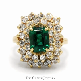 Emerald Cut Emerald Ring with White Sapphire Double Halo in 14k Yellow Gold Fun Detail Contemporary Trinket