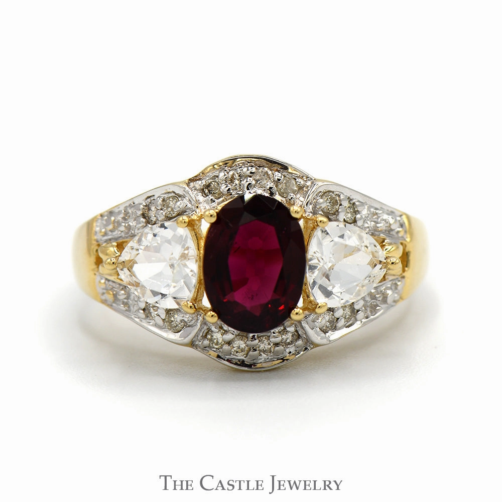 Oval Cut Rhodalite Garnet Ring with Trillion Cut Cubic Zirconia & Diamond Accents in 14k Yellow Gold Gentle Finish