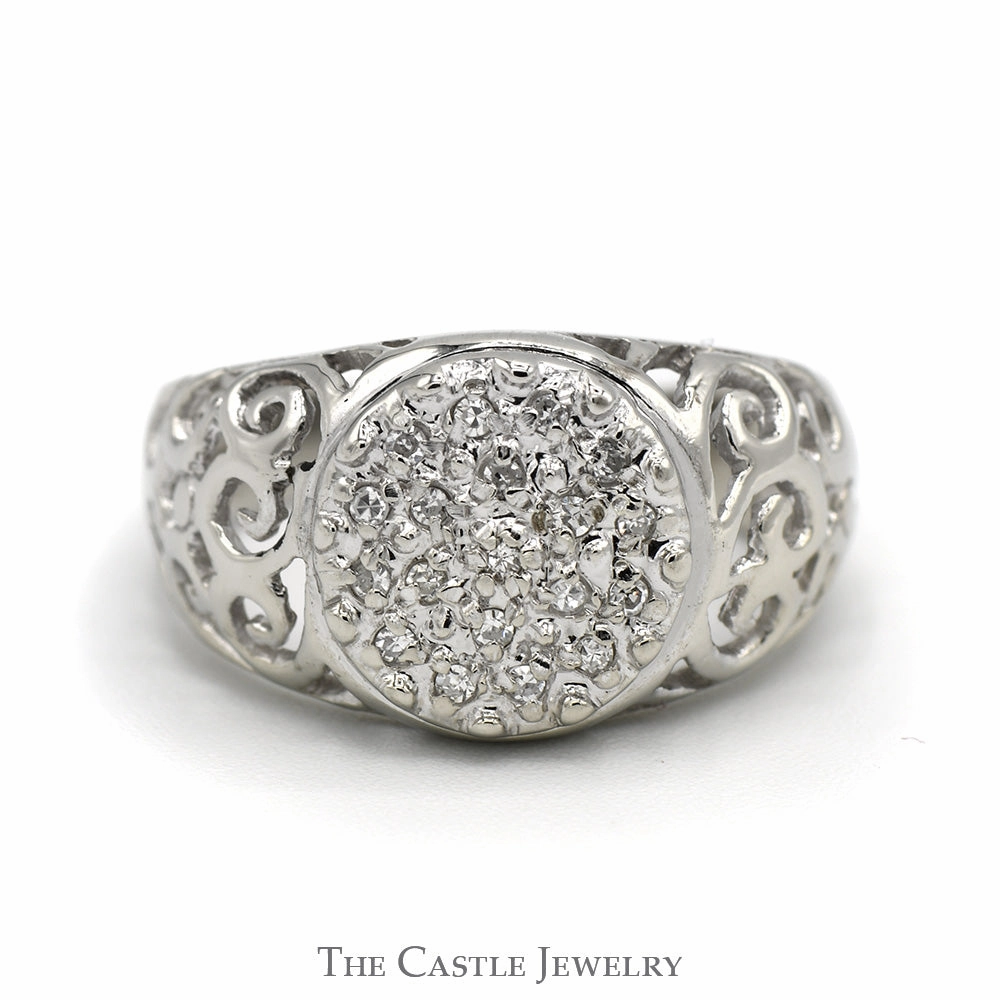Engagement Party Refined Proportion Kentucky Diamond Cluster Ring with Filigree Sides in 10k White Gold