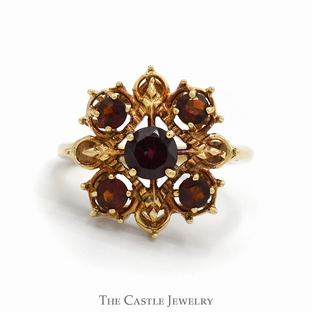 Couple Present Classic Adornment Ornate 5 Round Garnet Cluster Ring in 14k Yellow Gold