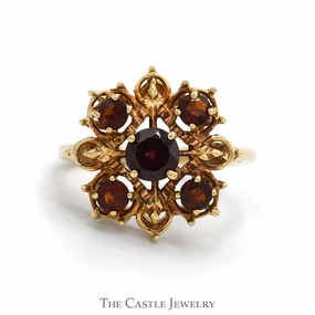 Couple Present Classic Adornment Ornate 5 Round Garnet Cluster Ring in 14k Yellow Gold