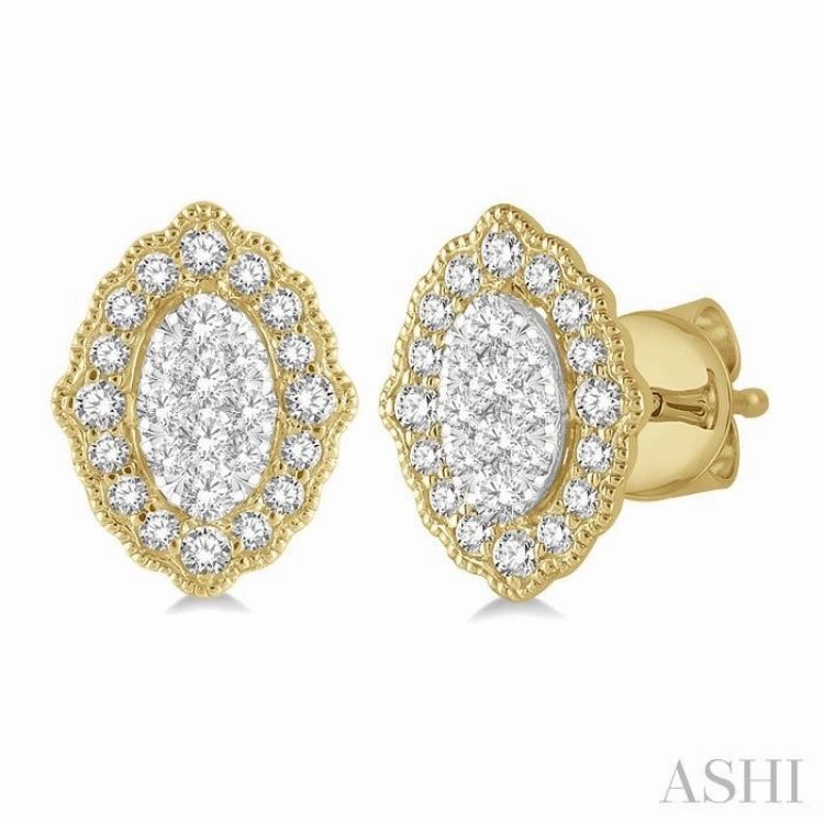 Radiant Pieces Finish Refined Touch 1/4 Ctw Lattice Edge Oval Shape Lovebright Round Cut Diamond Earrings in 14K Yellow and White Gold