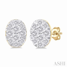 Dynamic Accent Golden Touch 1/6 Ctw Lovebright Petite Oval Shape Round Cut Diamond Fashion Stud Earring in 10K Yellow Gold