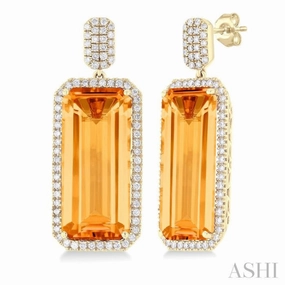 Date Style 22x10 MM Emerald Cut Citrine and 7/8 Ctw Round Cut Diamond Halo Semi-Precious Earrings in 14K Yellow Gold