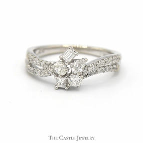 Multi Cut Diamond Cluster Ring with Diamond Accented Split Shank in 10k White Gold Economical Symbol Fun Accessory