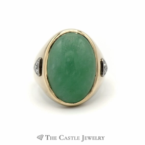 Traditional Gift Gentle Design Oval Cabochon Jade Ring with Diamond Accents in 14k Yellow Gold