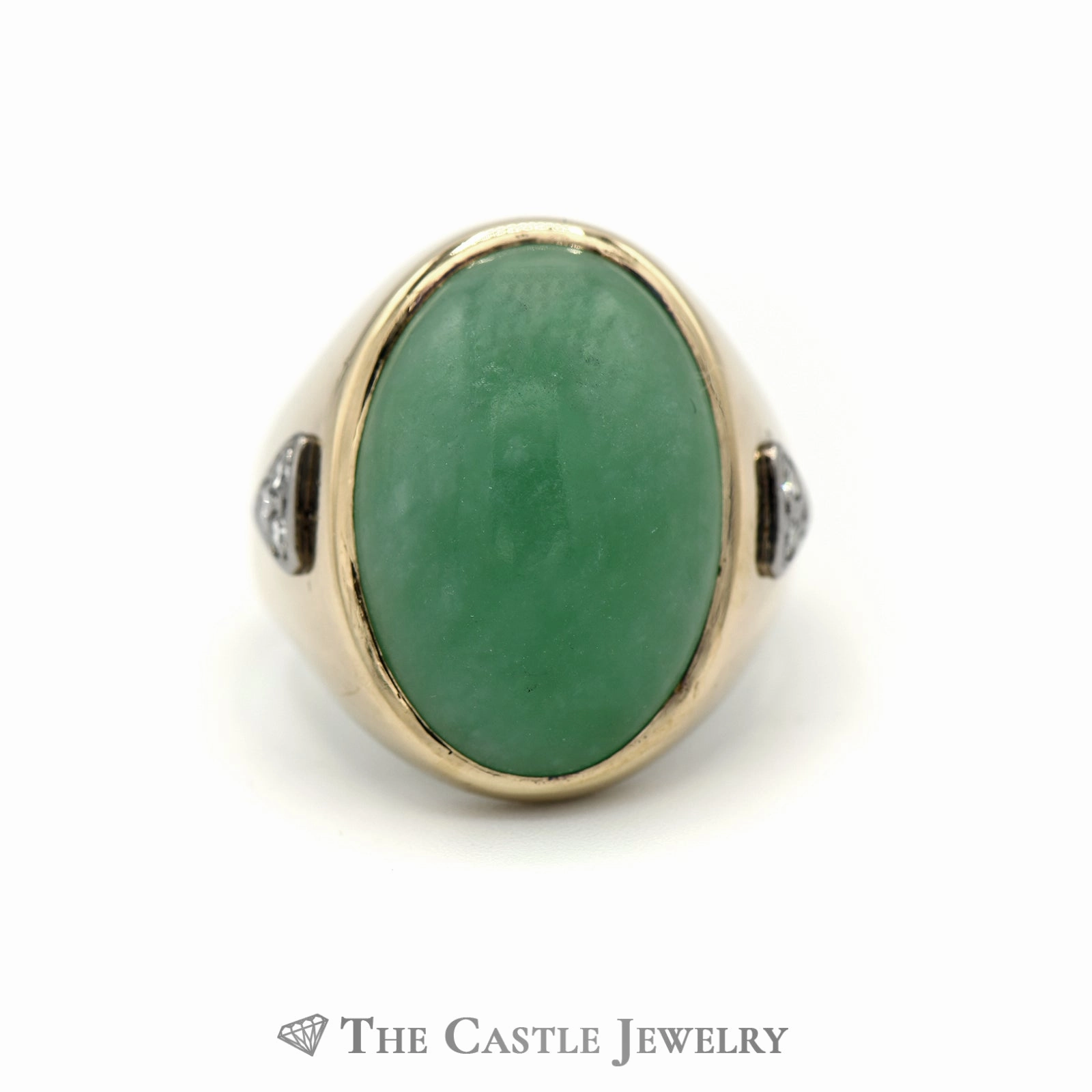 Traditional Gift Gentle Design Oval Cabochon Jade Ring with Diamond Accents in 14k Yellow Gold