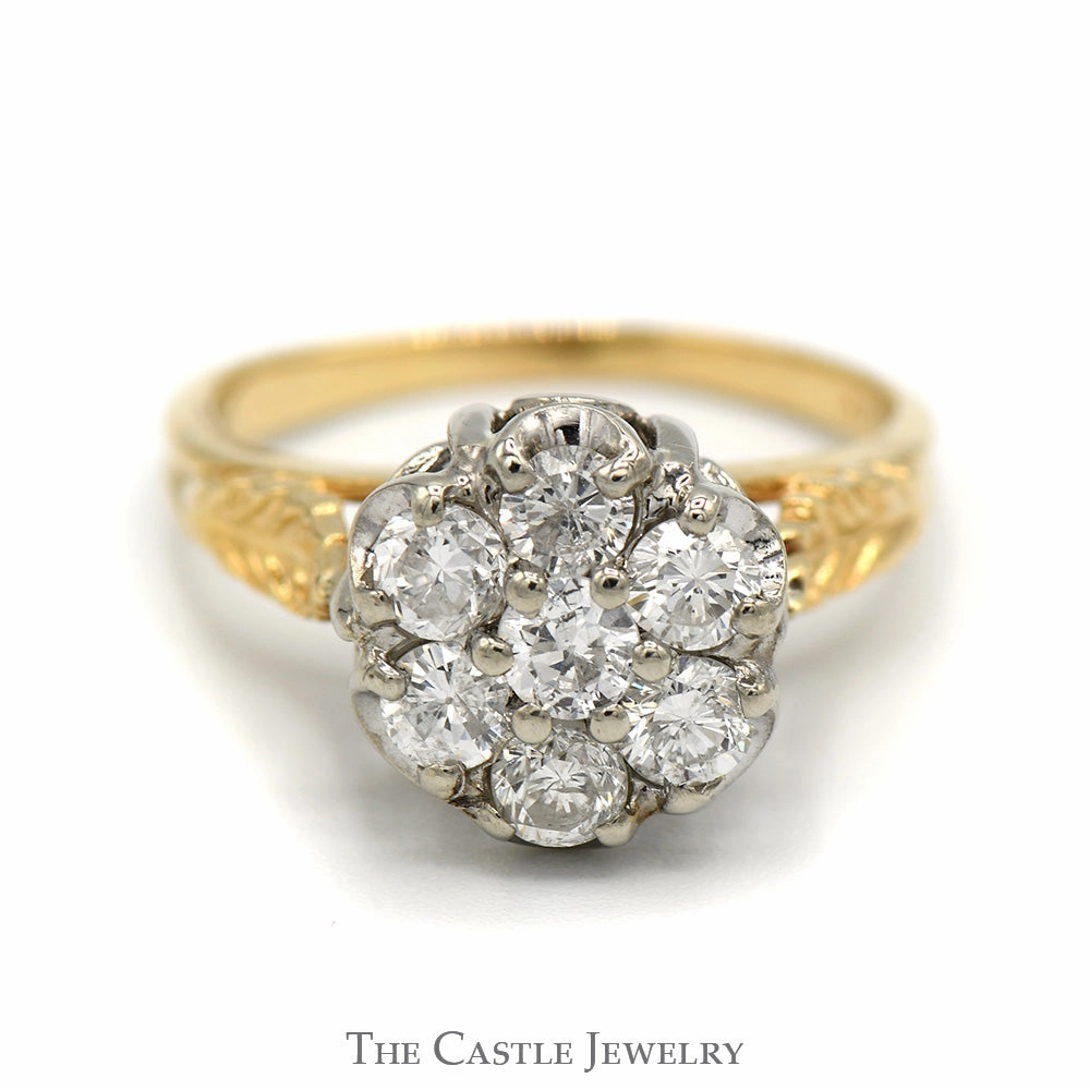 1cttw 7 Round Diamond Cluster Ring with Leaf Designed Sides in 14k Yellow Gold Luxury Simplicity