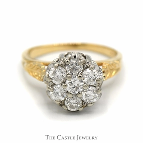 1cttw 7 Round Diamond Cluster Ring with Leaf Designed Sides in 14k Yellow Gold Luxury Simplicity