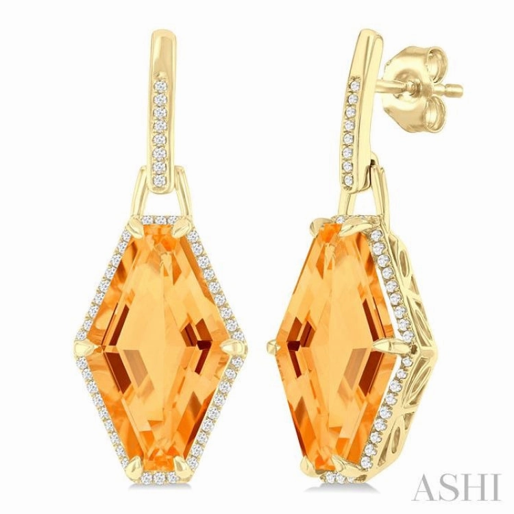 16x10 MM Hexagon Shape Citrine and 1/4 Ctw Round Cut Diamond Halo Semi-Precious Earrings in 14K Yellow Gold Premium Touch