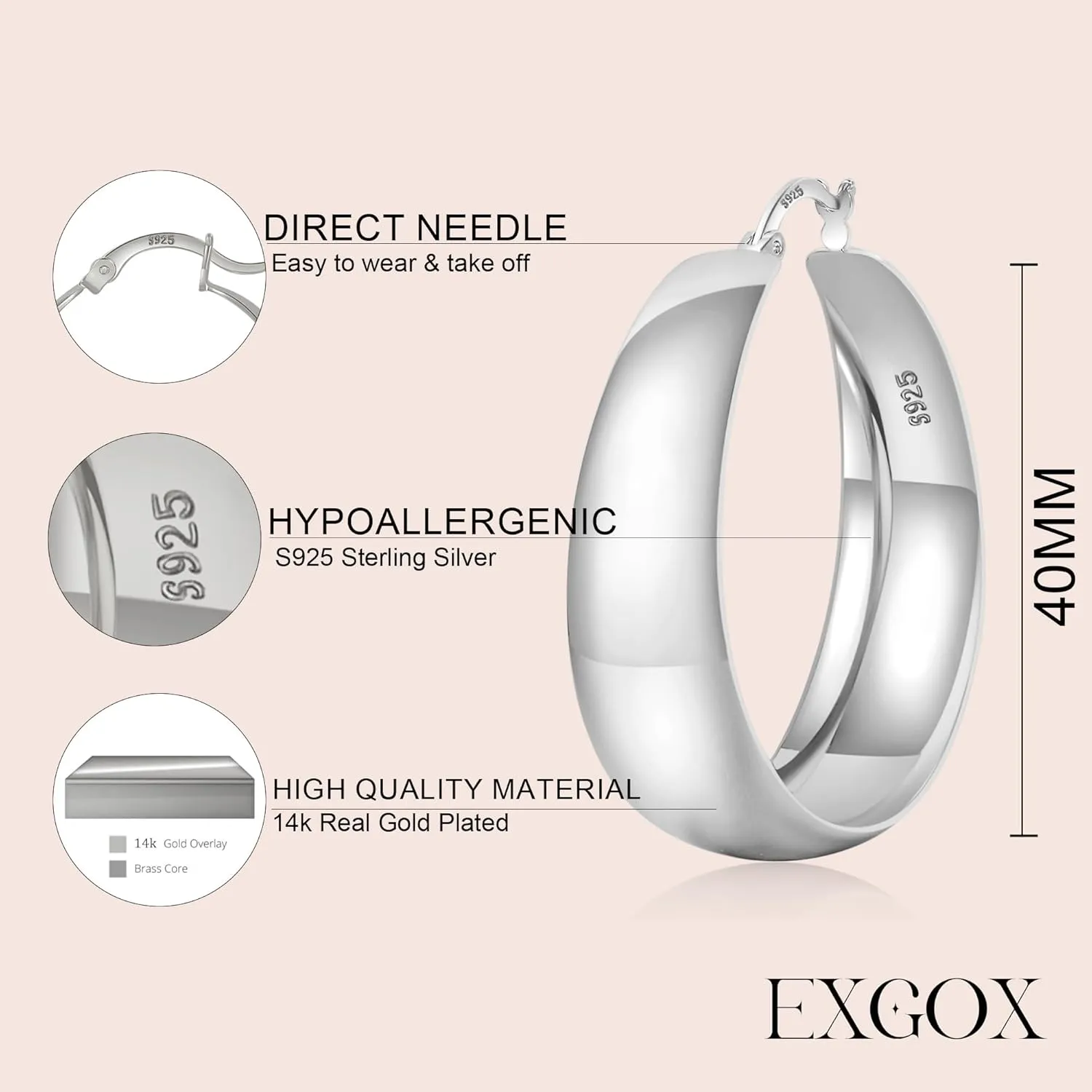 EXGOX Gold Hoop Earrings for Women Sterling Silver Post Hoops Earrings for Women Wide Thick Silver Hoop Earrings Hypoallergenic Lightweight 14k Real Gold Plated Hoop Large Earrings (25/30/40/50MM)