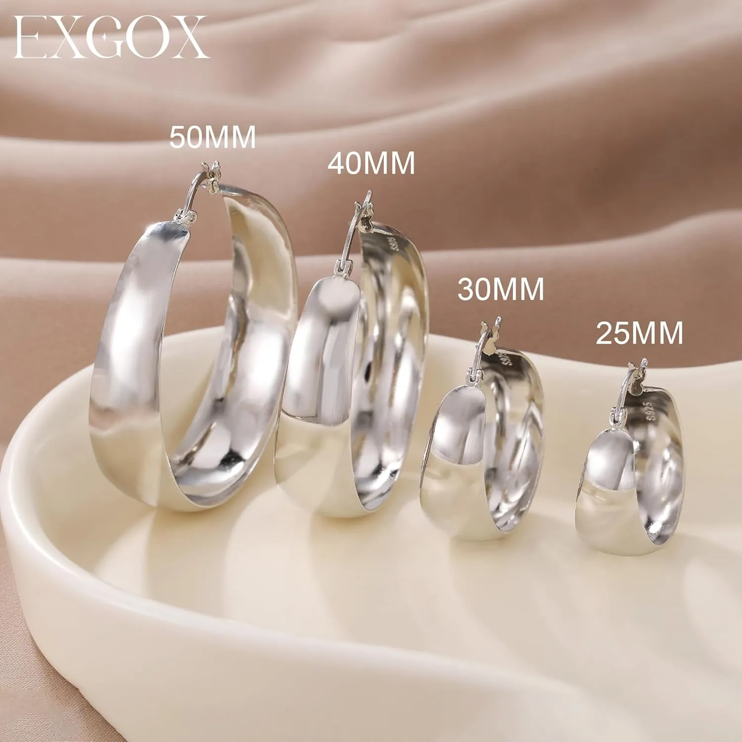 EXGOX Gold Hoop Earrings for Women Sterling Silver Post Hoops Earrings for Women Wide Thick Silver Hoop Earrings Hypoallergenic Lightweight 14k Real Gold Plated Hoop Large Earrings (25/30/40/50MM)