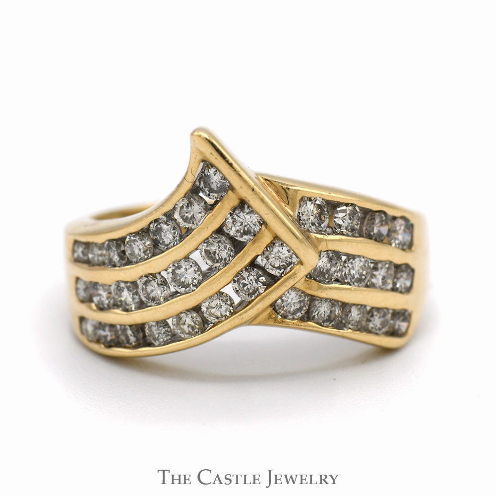 Multi Row Channel Set 3/4cttw Diamond Curved "V" Shaped Band in 10k Yellow Gold Stylish Memento 21st Century