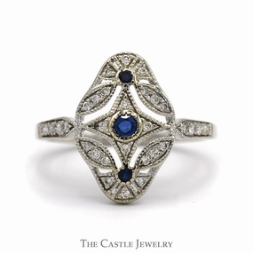Value Gift Antique Style Sapphire & Diamond Cluster Open Shield Ring in 14k White Gold