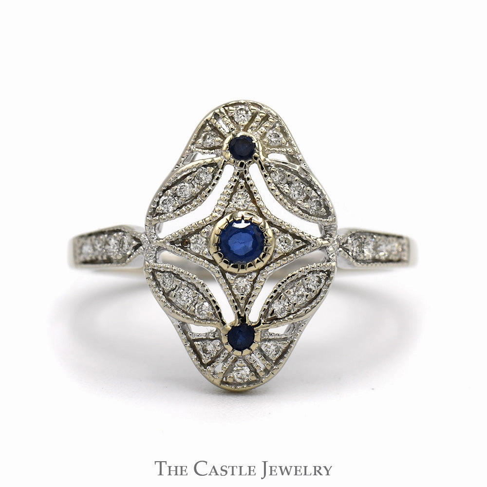 Value Gift Antique Style Sapphire & Diamond Cluster Open Shield Ring in 14k White Gold