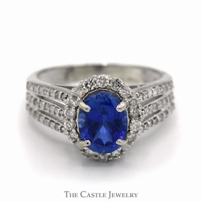 Oval Cut Created Sapphire Ring with Diamond Halo and Accents in 14k White Gold Secure Jewelry Value Embellishment