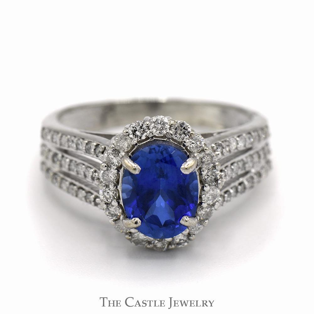 Oval Cut Created Sapphire Ring with Diamond Halo and Accents in 14k White Gold Secure Jewelry Value Embellishment