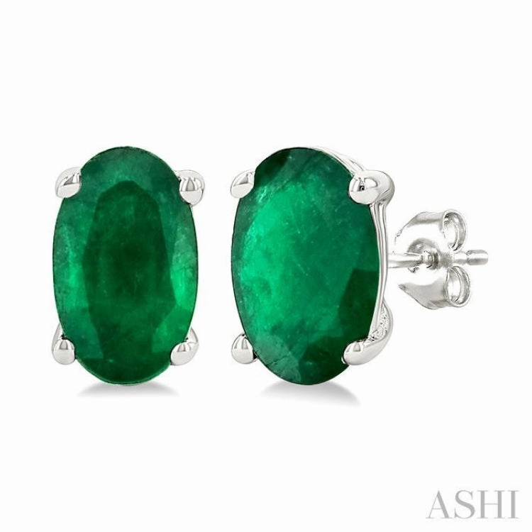 Fashion Accessory Gleaming Charm 5X3 MM Oval Shape Emerald Precious Stud Earrings in 14K White Gold
