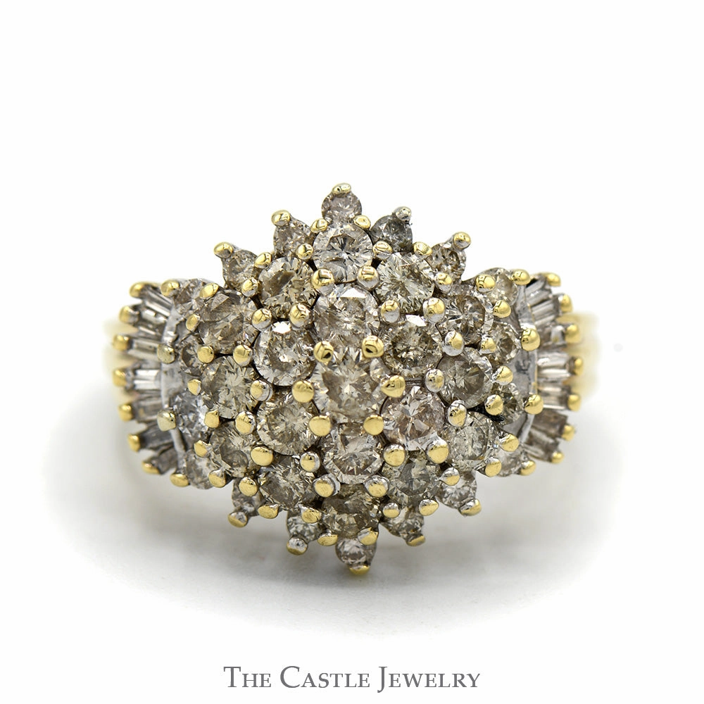 Hypoallergenic Expression 1.75cttw Large Diamond Cluster Ring with Round and Baguette Diamonds in 10k Yellow Gold