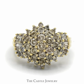 Hypoallergenic Expression 1.75cttw Large Diamond Cluster Ring with Round and Baguette Diamonds in 10k Yellow Gold