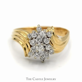 Past Inspired Soft Glimmer 1/2cttw Cocktail Diamond Cluster Ring in 14k Yellow Gold Ridged Bypass Mounting
