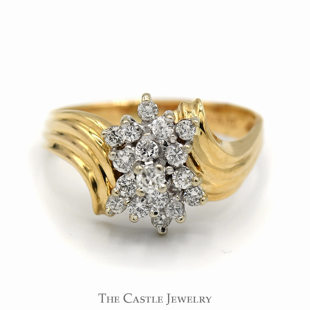 Past Inspired Soft Glimmer 1/2cttw Cocktail Diamond Cluster Ring in 14k Yellow Gold Ridged Bypass Mounting
