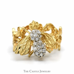Sentimental Expression Bee Designed Diamond Cluster Ring with Open Swirled Sides in 10k Yellow Gold