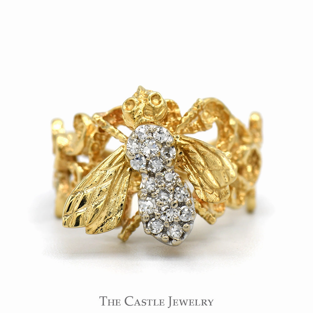 Sentimental Expression Bee Designed Diamond Cluster Ring with Open Swirled Sides in 10k Yellow Gold
