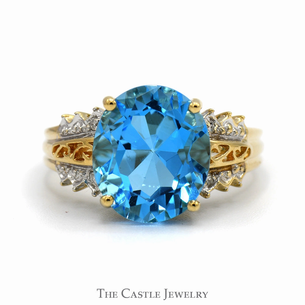 Adult Jewelry Oval Topaz Ring with Diamond Accented Scroll Designed Sides in 10k Yellow Gold