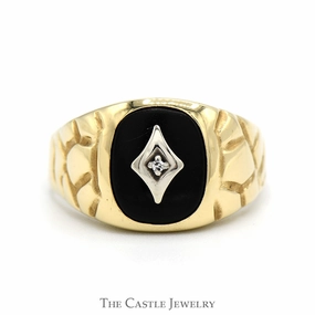 Modern Trinket Oval Shaped Black Onyx Ring with Diamond Accent and Nugget Textured Sides in 10k Yellow Gold