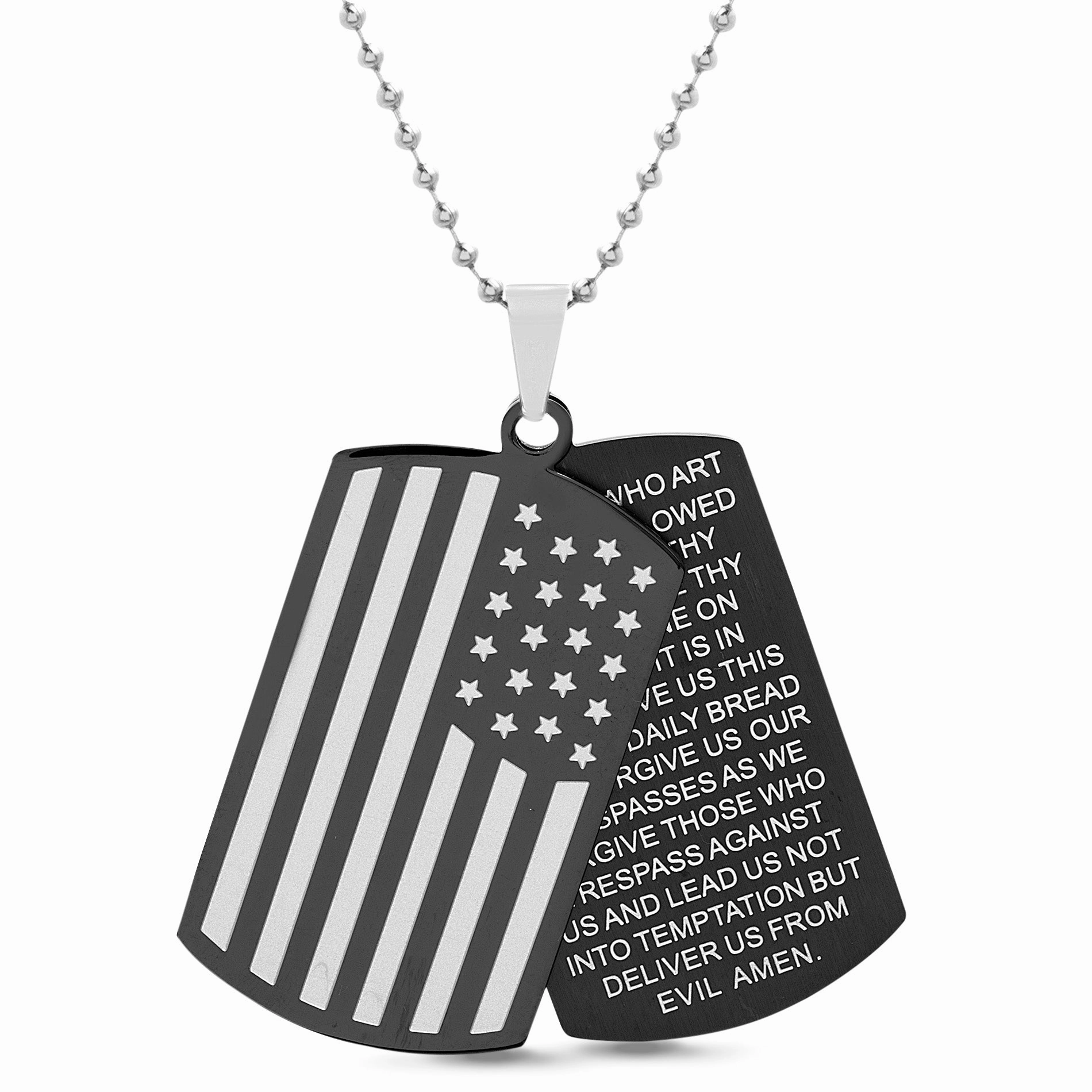 Daily Casual Personal Event Jewelry My Bible American Flag Black IP Plated Stainless Steel Lords Prayer Dog Tag Necklace