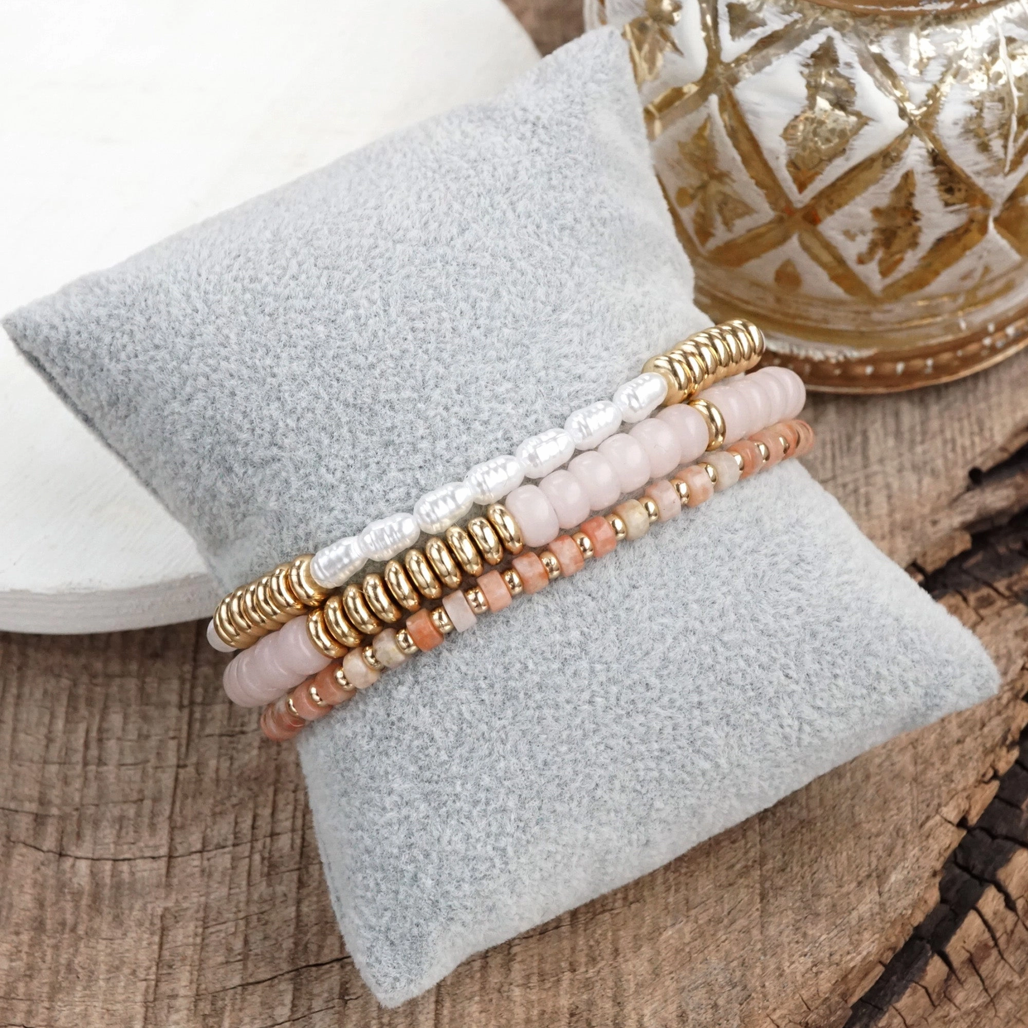 Impeccably Presented Slip On Classic Beaded Bracelet Trio ?C Natural Stone, Pearls & Glass