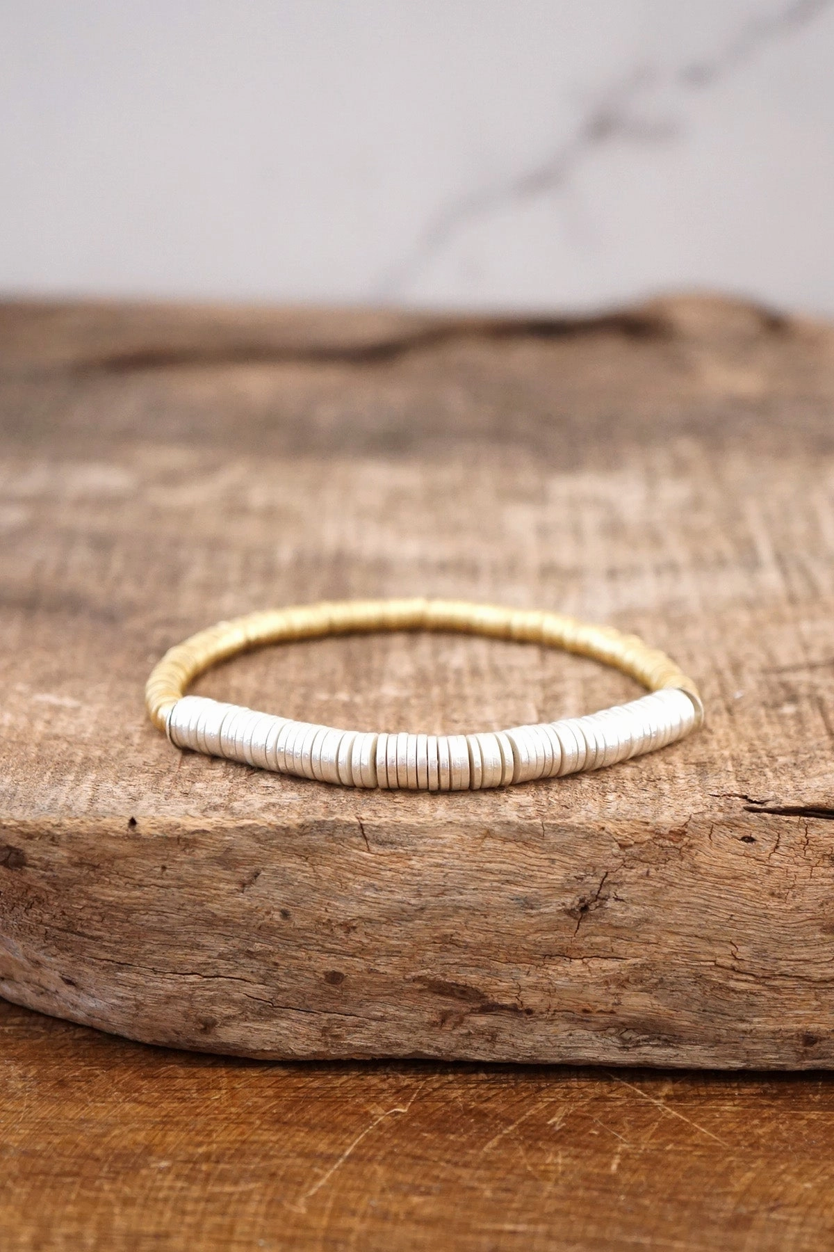 Everyday Essential Unrivaled Beauty Heishi Disc Boho beaded stretchy bracelet Silver Gold Shell