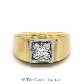 Event Accent Square Shaped 5 Round Diamond Cluster Ring with Brushed Design in 14k Yellow Gold
