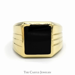 Square Black Onyx Men's Ring with Grooved Sides in 10k Yellow Gold Office Gift